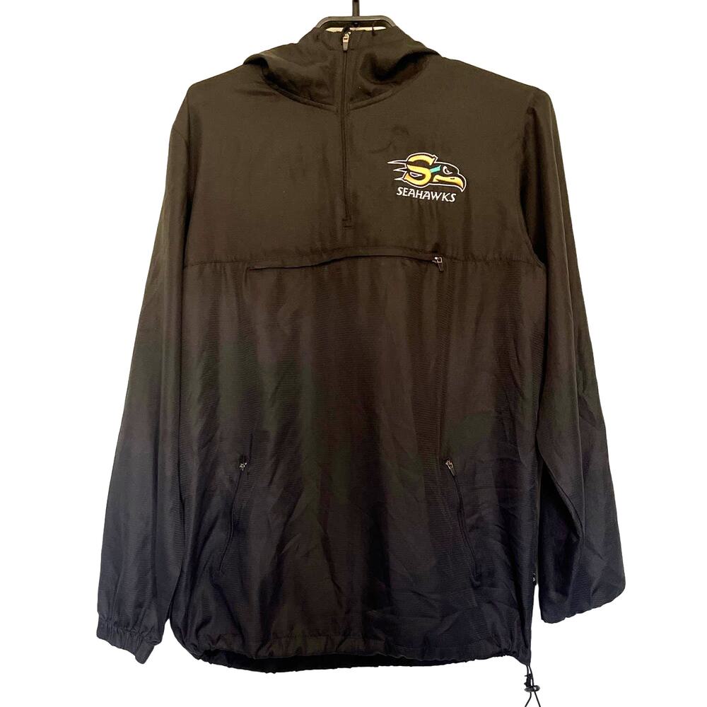 1990s Pennant Seattle Seahawks Mens 1/4 Zip Jacket S Black NFL Hood Windbreaker